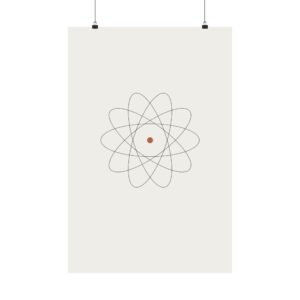 Orbit minimalist line art print by Lineal Prints — Five black ellipses in rotation around a single rust-red point (artwork)
